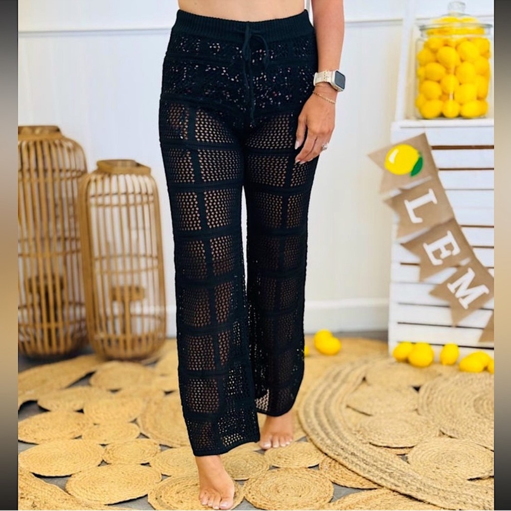 🆕🖤STYLISH SWIMWEAR: BLACK Checkered Knit Cover Up Pants LARGE